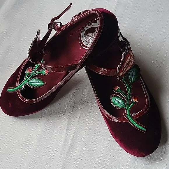 Miss L Fire Floral  Velvet Embroidered  Burgundy Mary Jane Shoes Size 6.5 - Picture 9 of 10